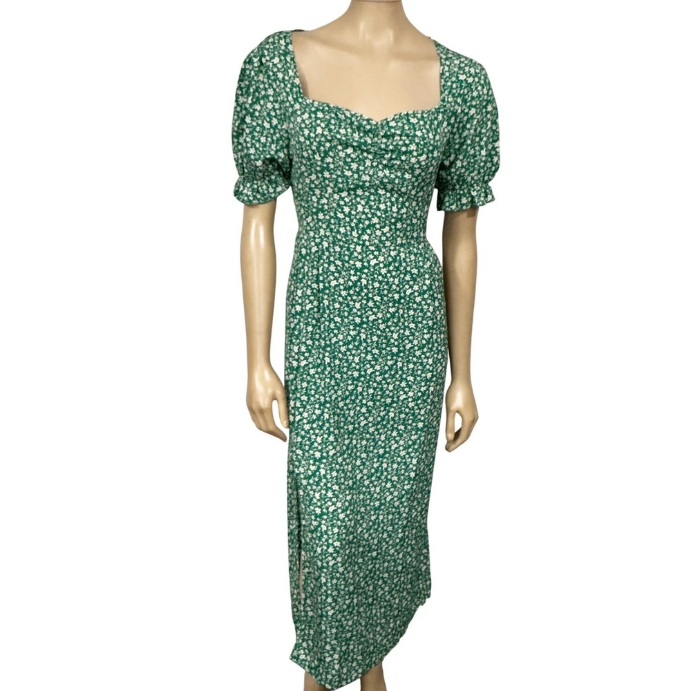 SHEIN Green Ditsy Floral Puff Sleeve Ruched Sweetheart Midi Dress Cottagecore XL